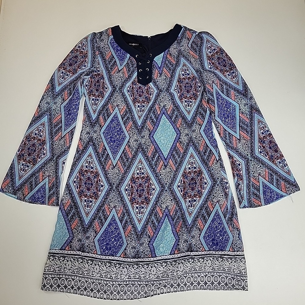 Amy Byer Girls' Bell Sleeve A-line Dress Blue Boho Shift Size 16 Lined And Comfy